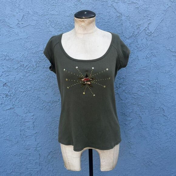 Y2k Baby Tee with Army Print Size 1X/2X  Embellished - Picture 2 of 8